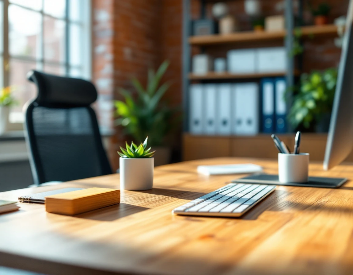 Organized minimalist desk workspace with natural lighting and modern office supplies on wooden surface