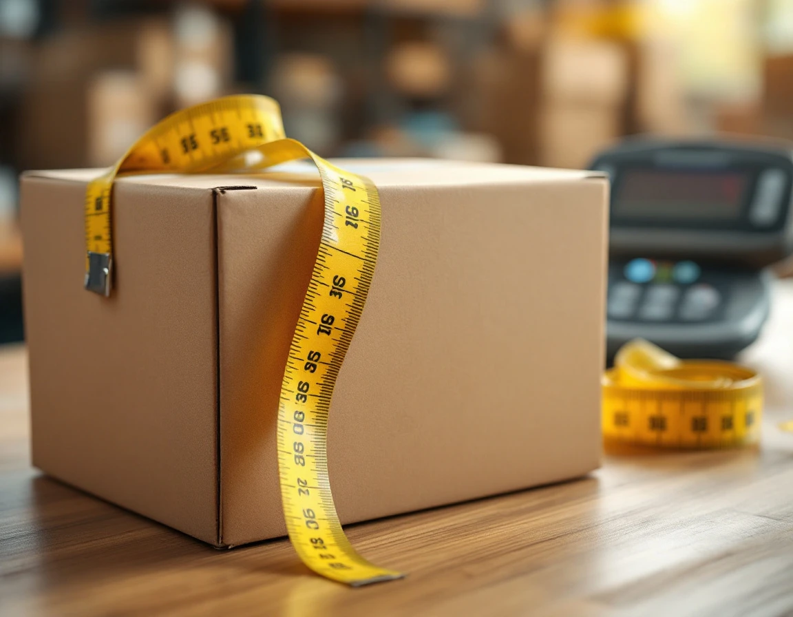 Cardboard shipping box with measuring tape and scale on work surface for dimensional weight calculation
