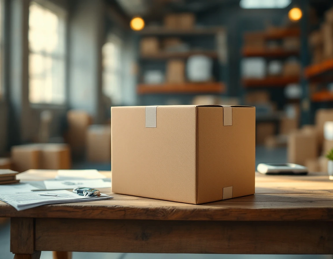Cardboard shipping box on warehouse desk with measurement tools and scattered papers nearby