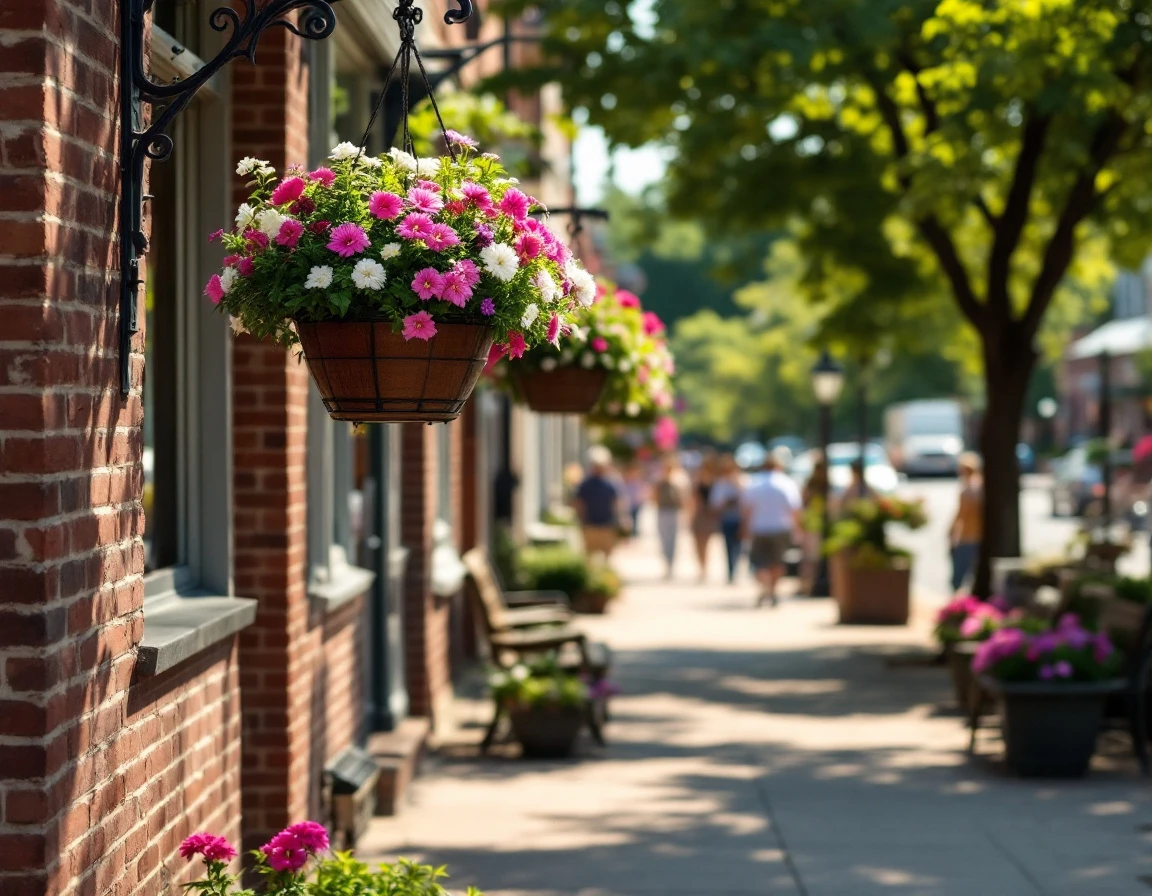 Downtown storefront with hanging flower baskets and pedestrians browsing during summer afternoon