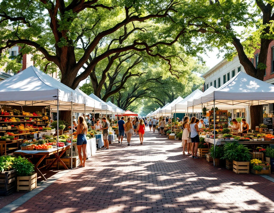 Summer farmers' market with vendor tents and shoppers on tree-lined downtown street