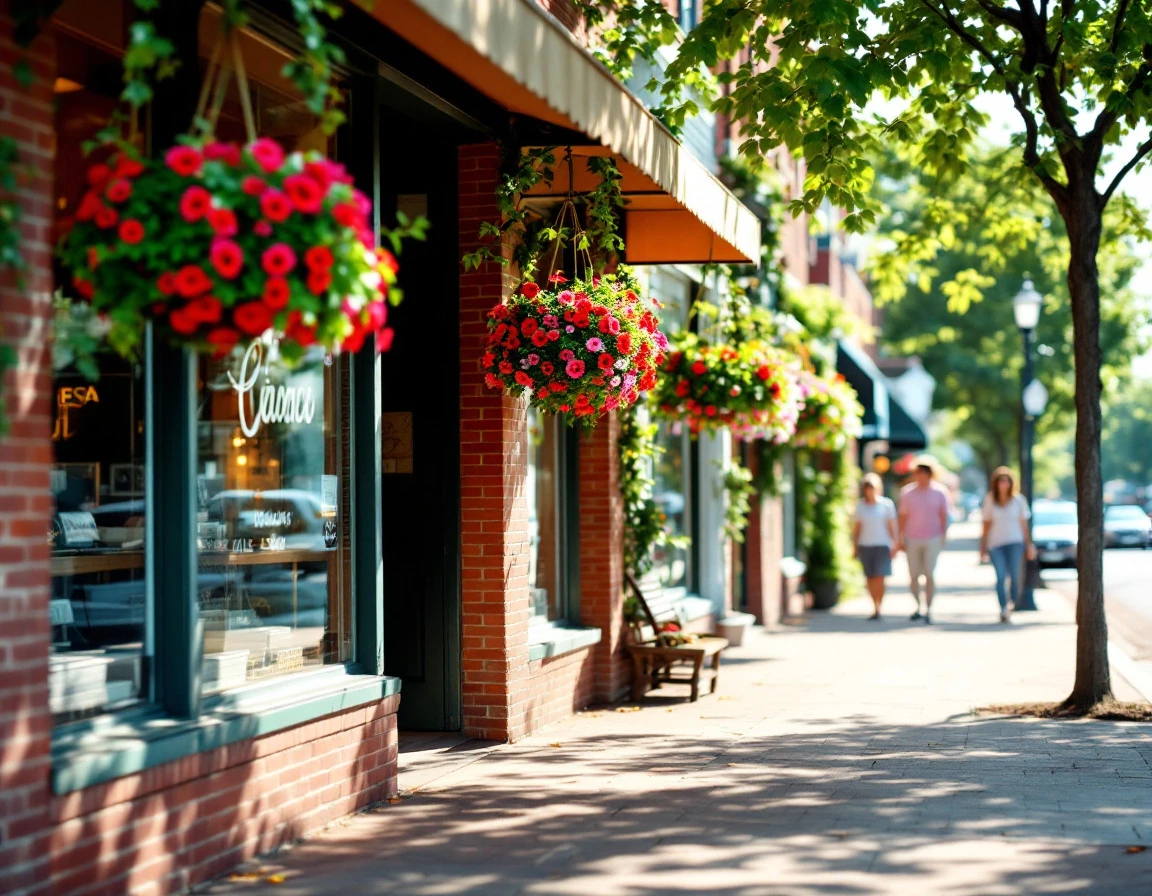 Summer retail street with brick storefronts, hanging flower baskets, and pedestrians browsing window displays