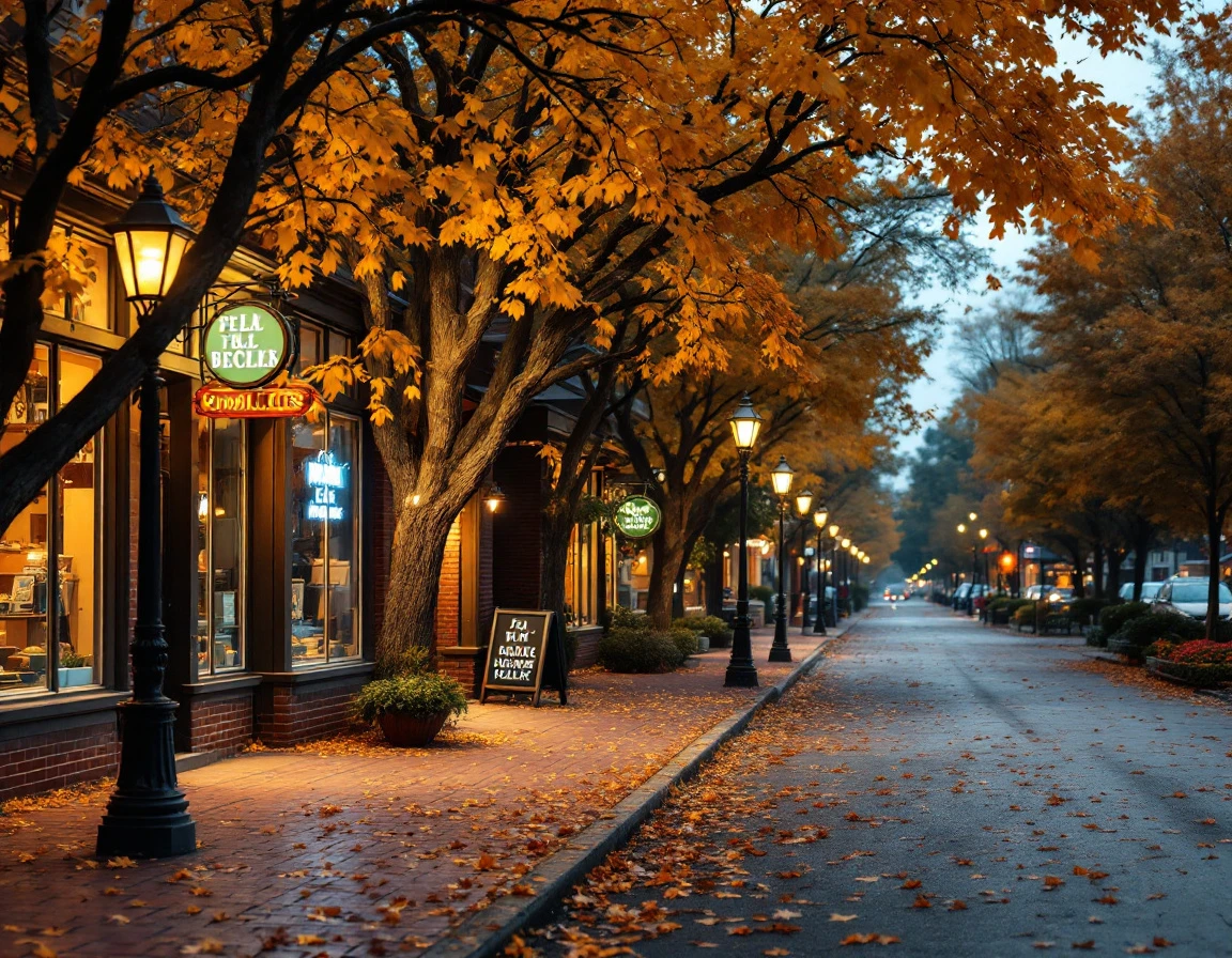 Autumn main street retail corridor with warm storefront lighting and fall foliage in small-town business district