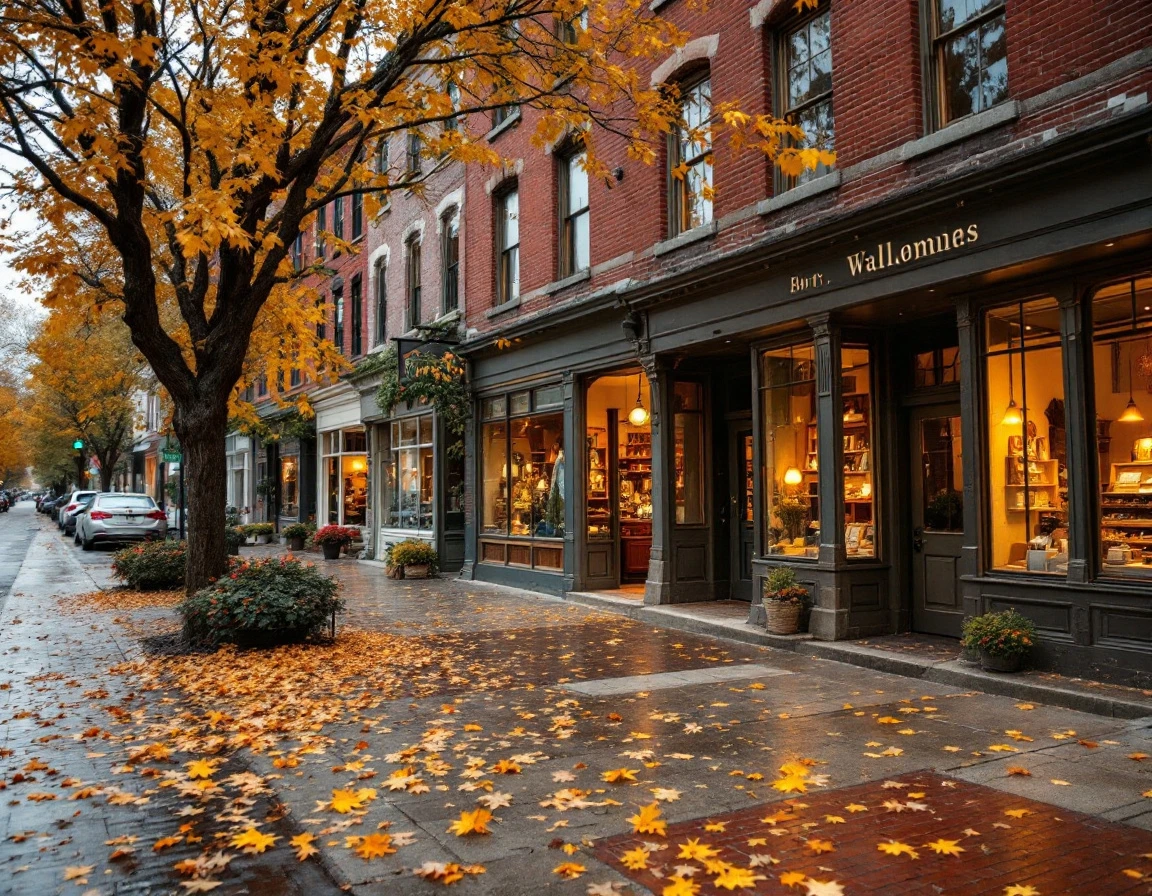 Historic brick retail storefront district in autumn with natural lighting and welcoming window displays