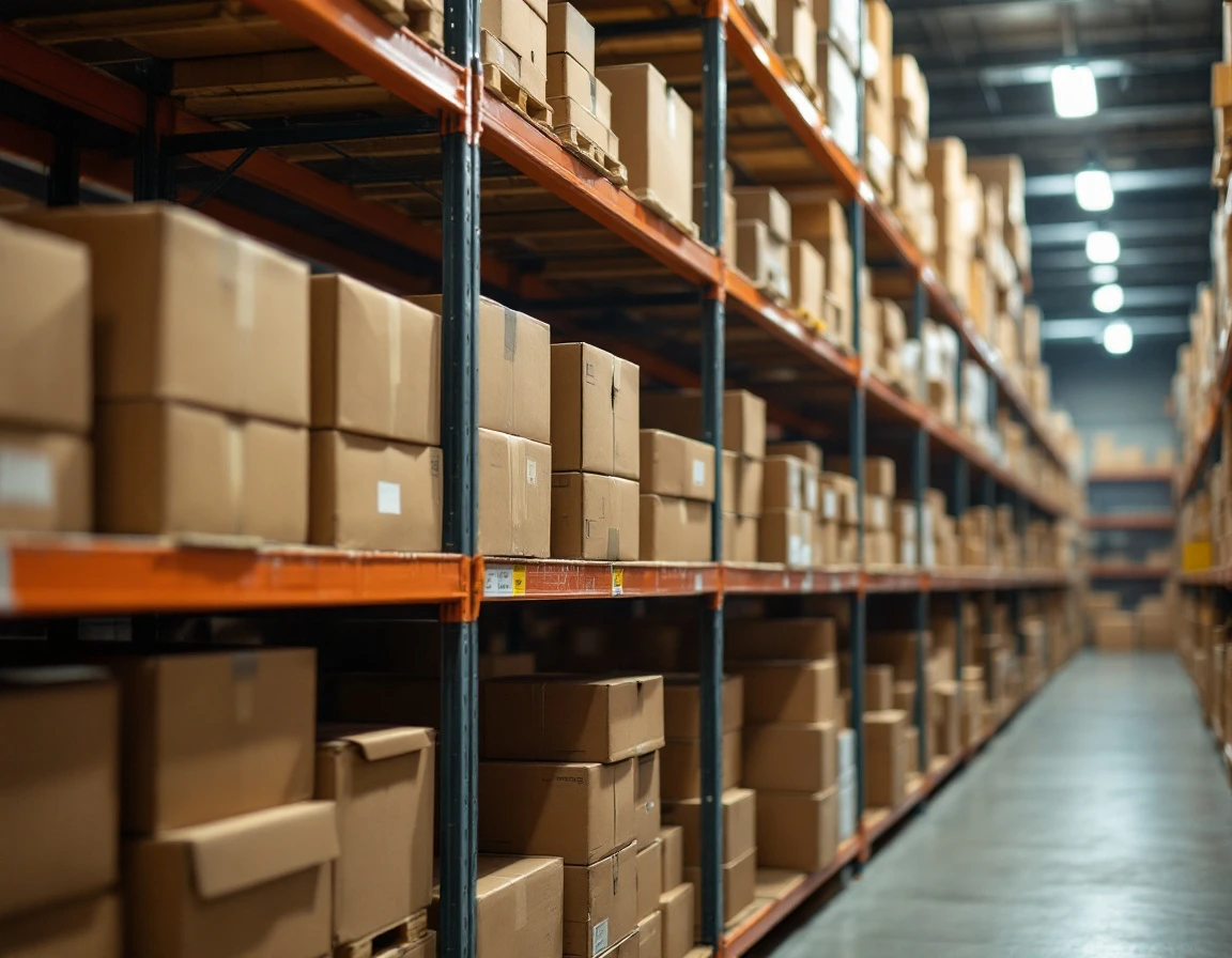 Warehouse shelving with organized cardboard box inventory showing natural stacking patterns and authentic storage conditions