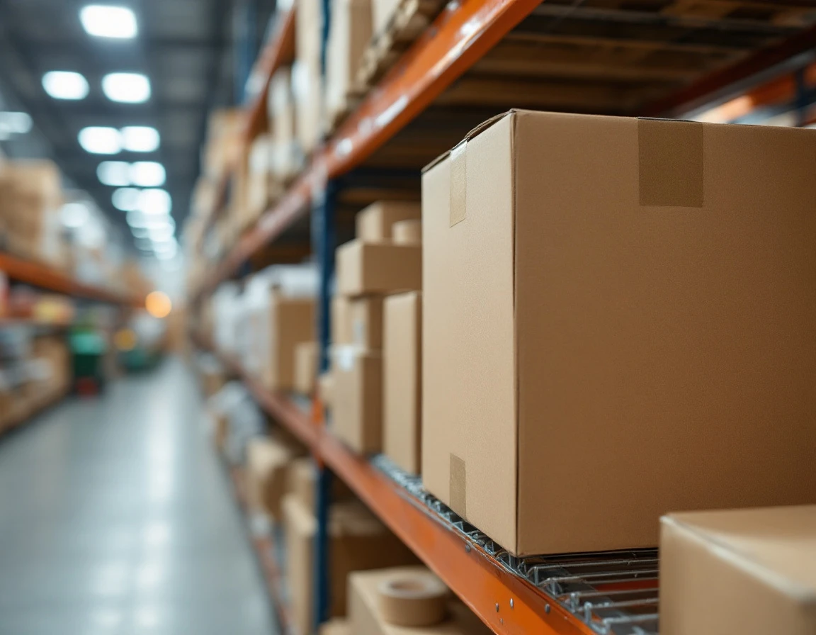 Organized shipping supplies including plain cardboard boxes and tape rolls on warehouse shelving