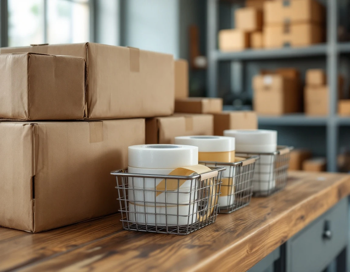 Organized shipping supplies and inventory materials on pack-and-ship store workspace with natural lighting