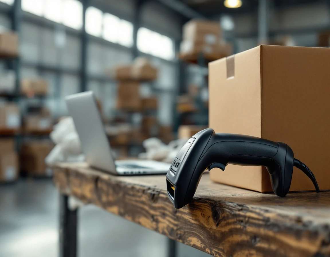 Barcode scanner and laptop in retail warehouse backroom with natural lighting and inventory shelving