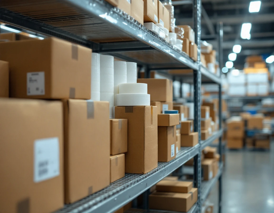 Organized shipping supplies and inventory on retail stockroom shelves with packing materials