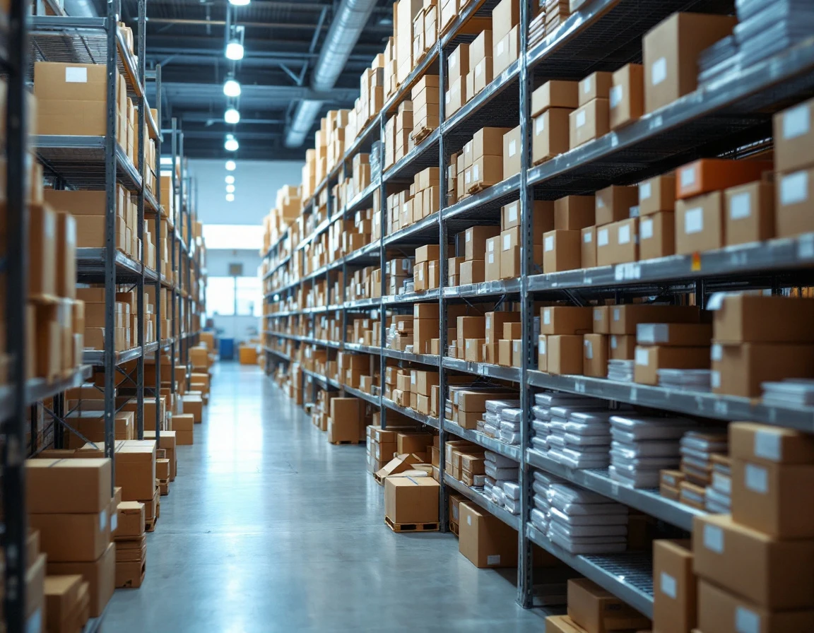 Organized shipping supplies and inventory on metal shelving in a retail stockroom