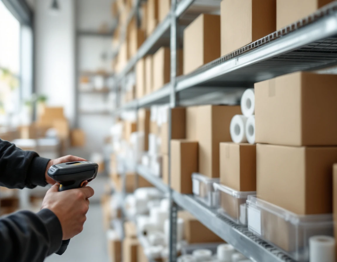 Organized shipping supplies on retail stock room shelves with barcode scanner for inventory accuracy