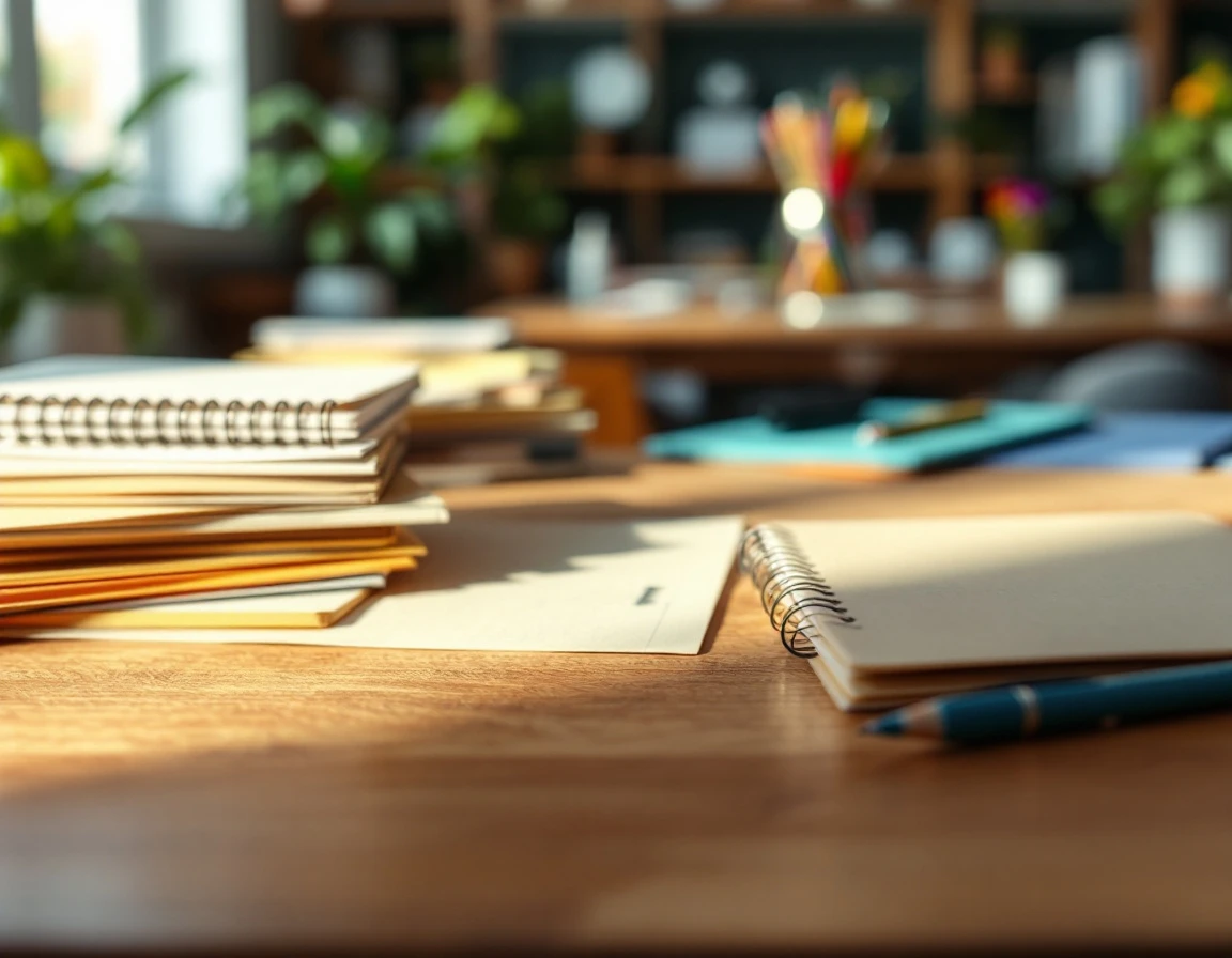 Organized stacks of spiral notebooks, folders, and composition books on a wooden classroom desk with natural lighting