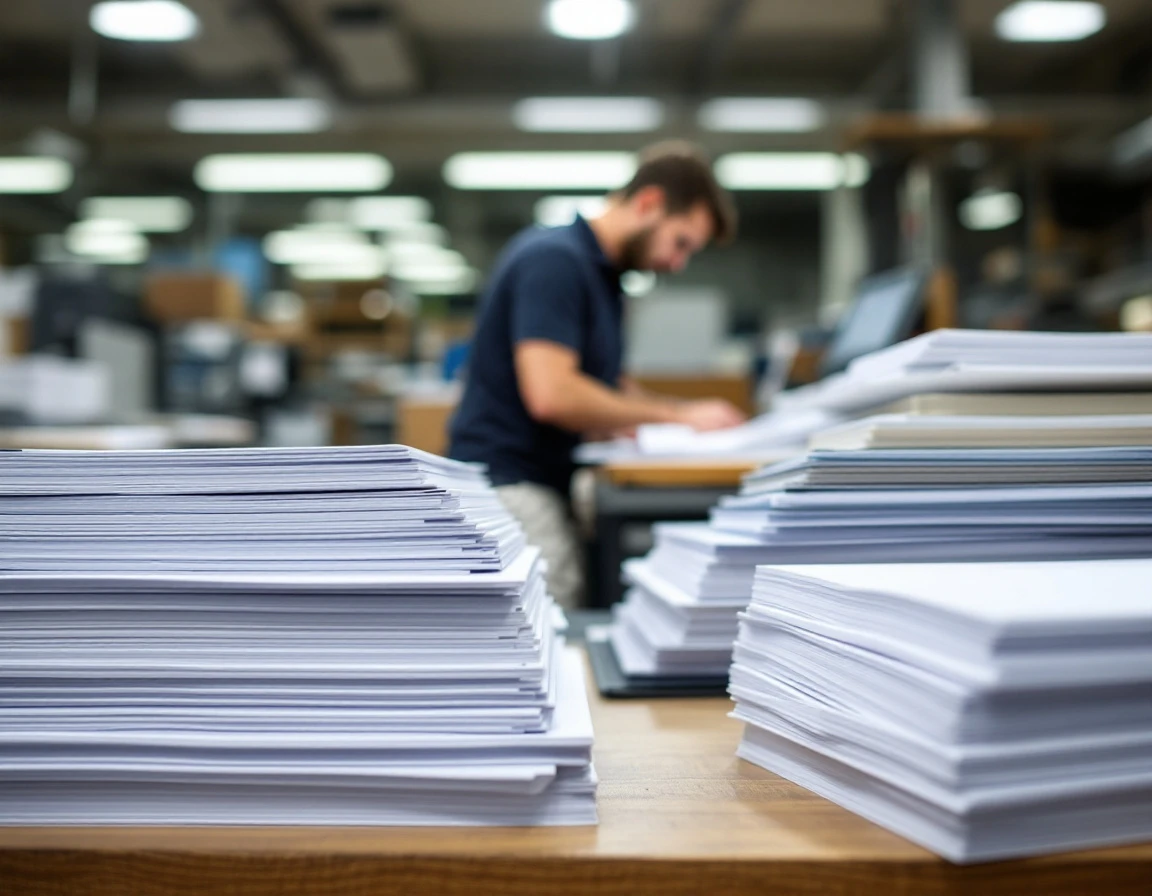 Close-up of stacked printed materials showing paper texture detail in a commercial printing facility workspace