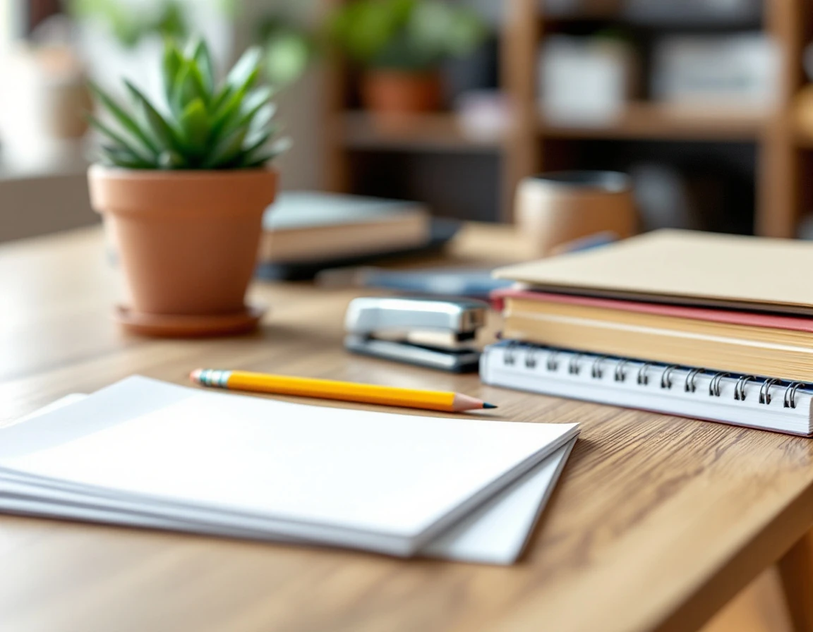 Office desk with stacked printer paper, pencils, and stapler ready for back-to-school printing orders
