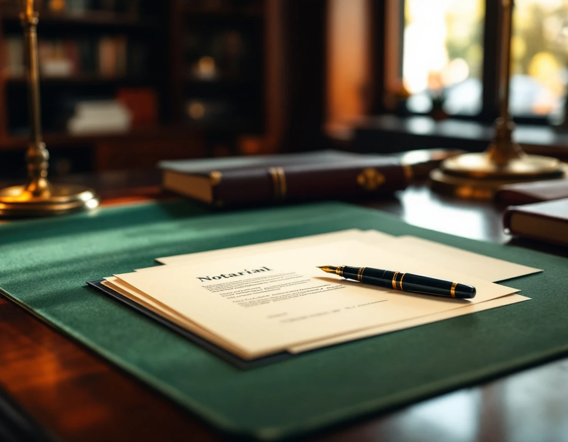 Professional notary desk with blank documents, fountain pen, leather journal, and brass accessories in natural light