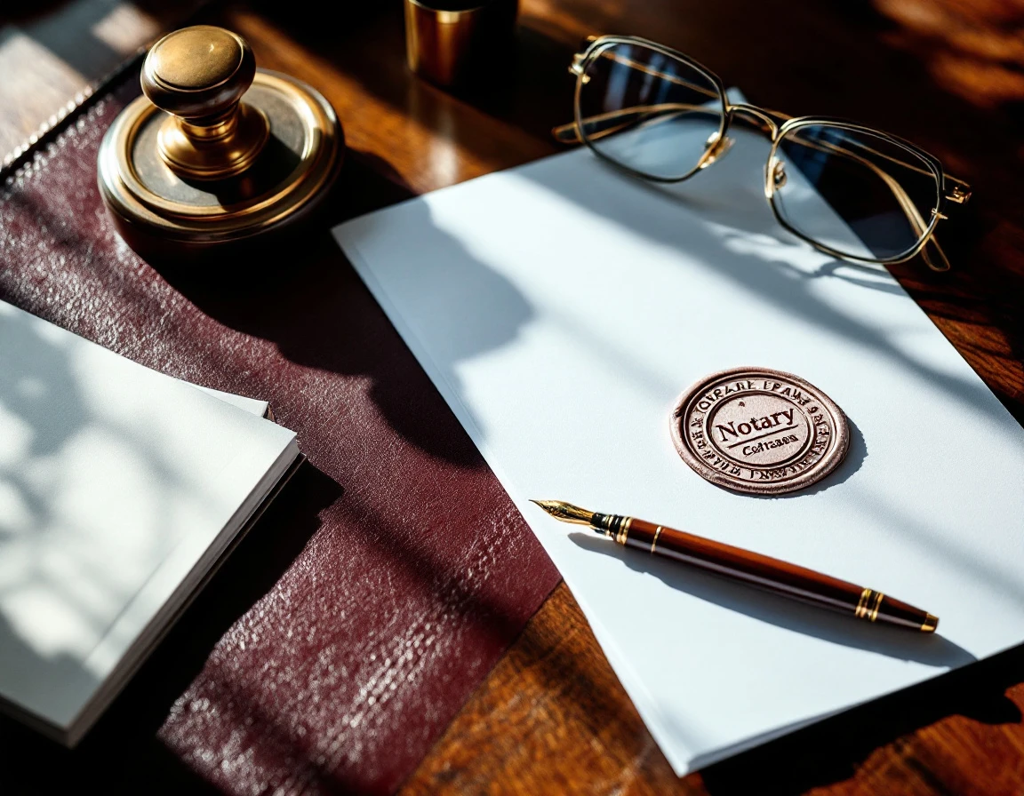 Professional notary workspace with official seal, documents, and pen on walnut desk with natural lighting