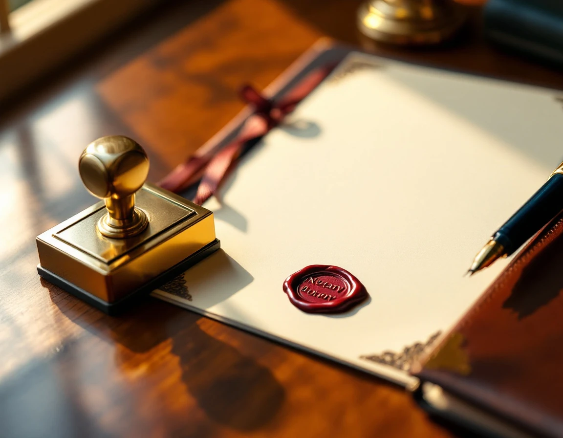 Notary embosser, wax seal, and official journal on wooden desk with natural lighting