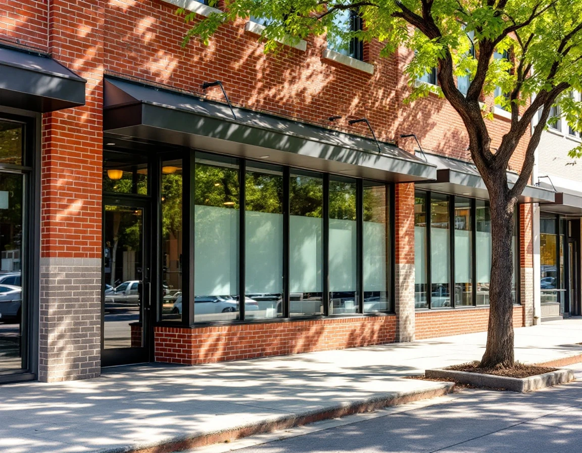 Professional services storefront in Dallas commercial district with modern brick facade and welcoming entrance