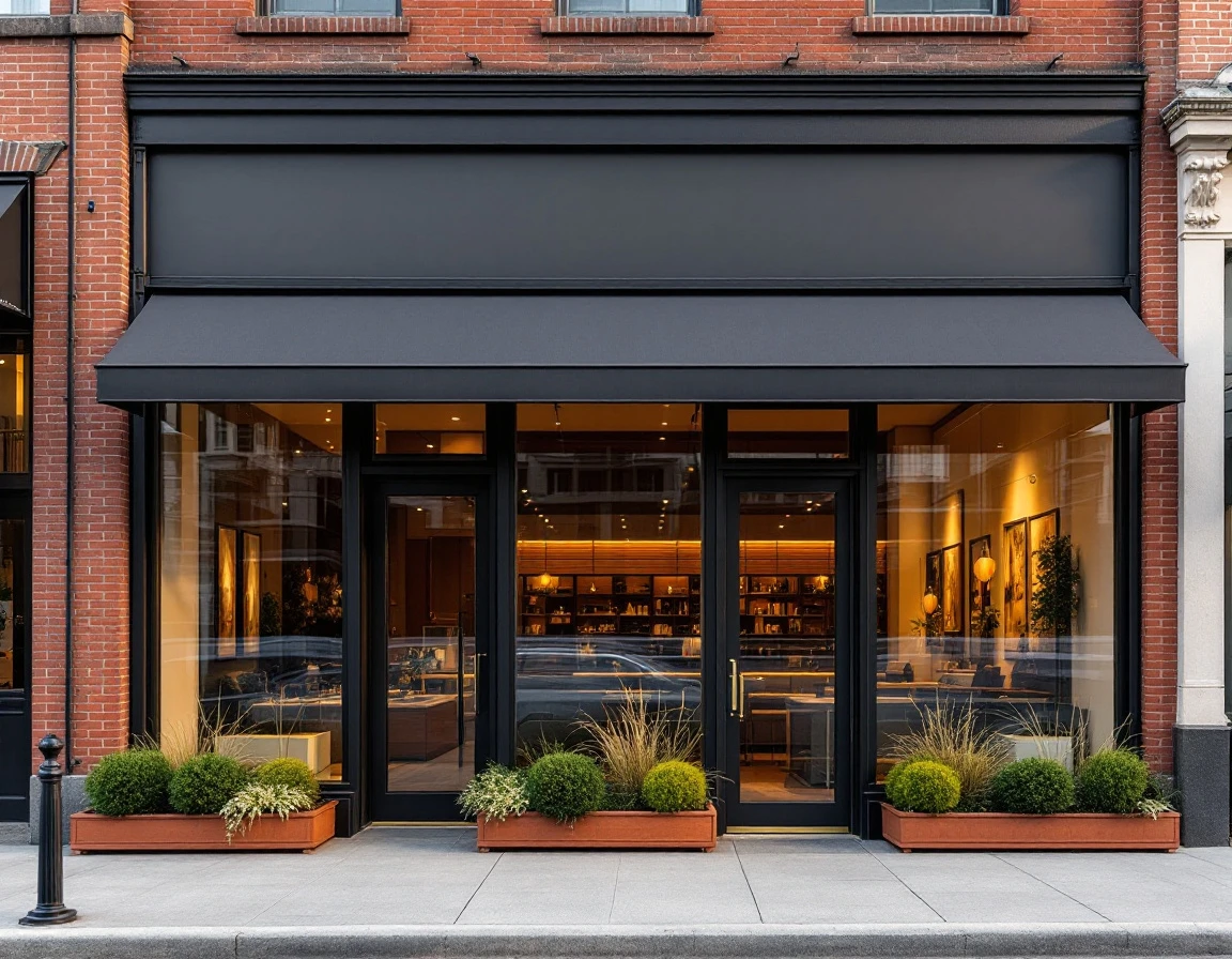 Modern brick storefront with black-framed windows and seasonal landscaping in downtown business district