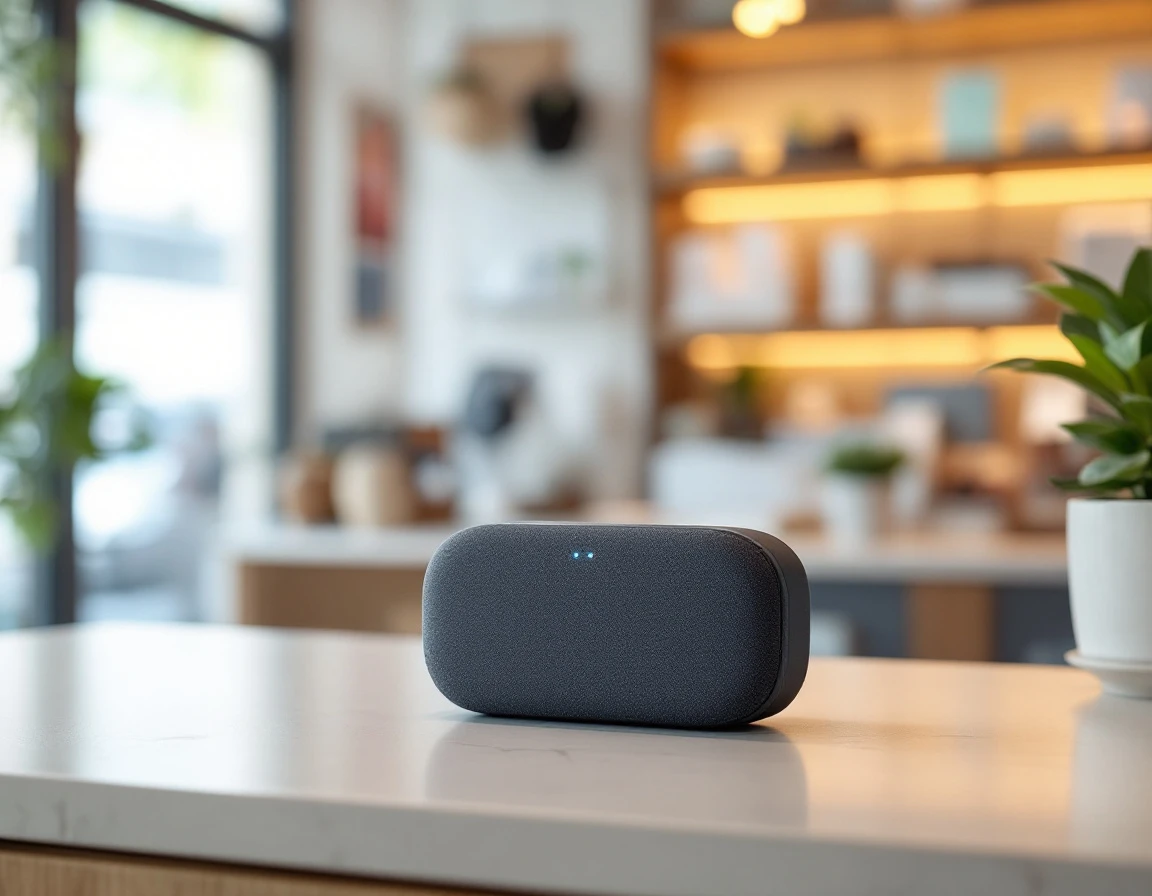 Smart speaker on retail counter representing voice commerce technology in modern shopping environment