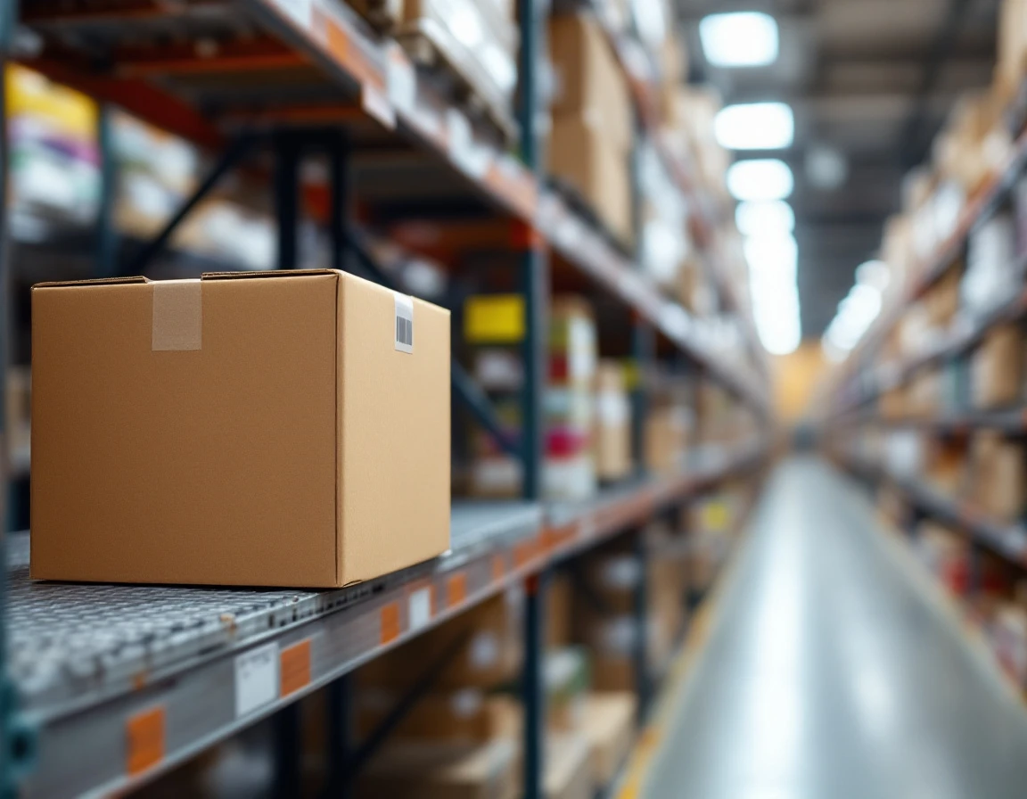 Warehouse shelf with product boxes and inventory labels in sharp focus with softly blurred aisle background