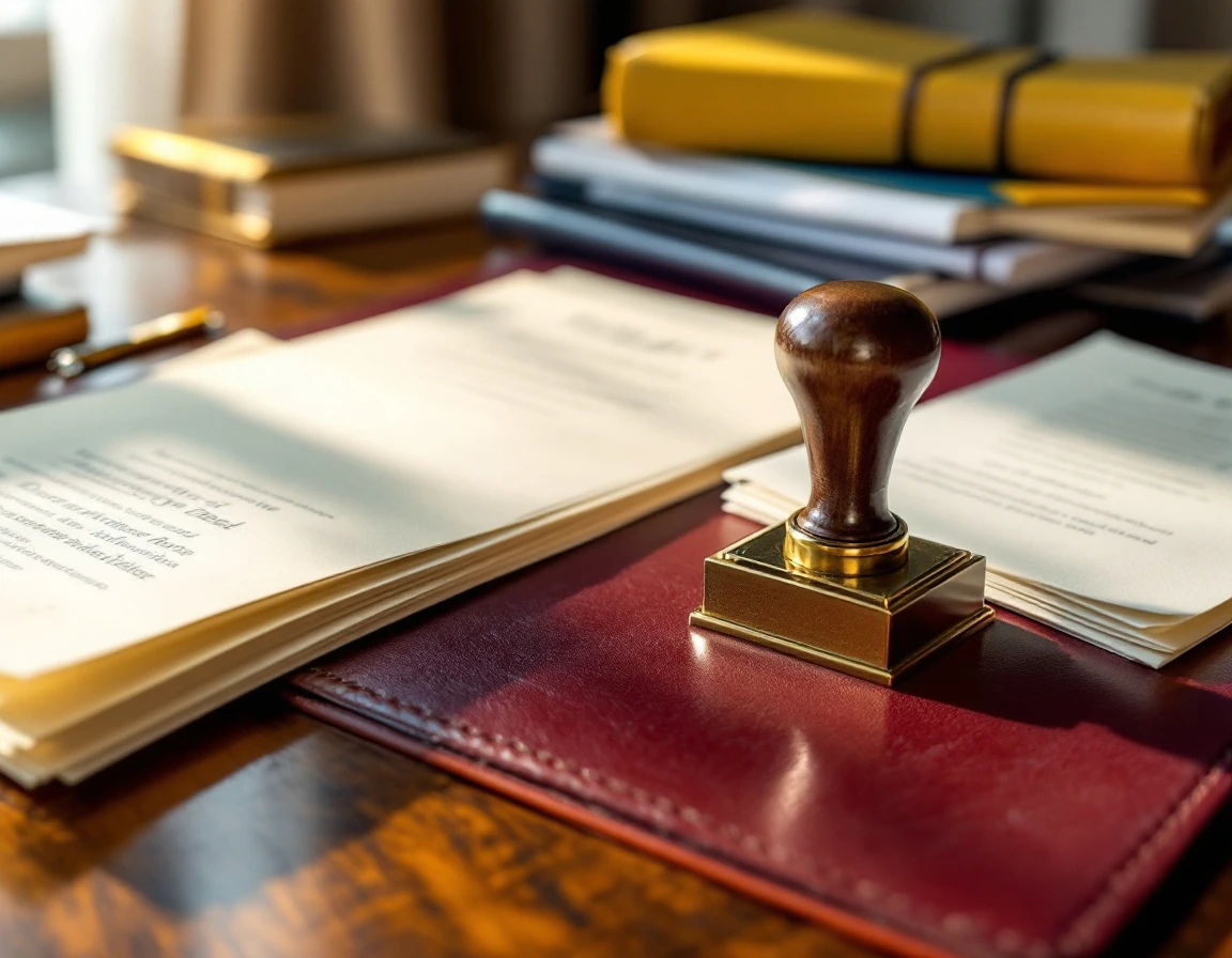 Notary embosser and stacked legal documents on professional desk during busy year-end processing period