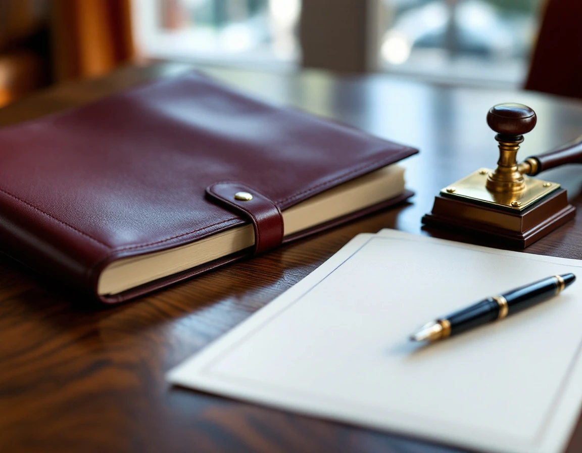 Notary embossing seal and professional documents arranged on wooden desk surface