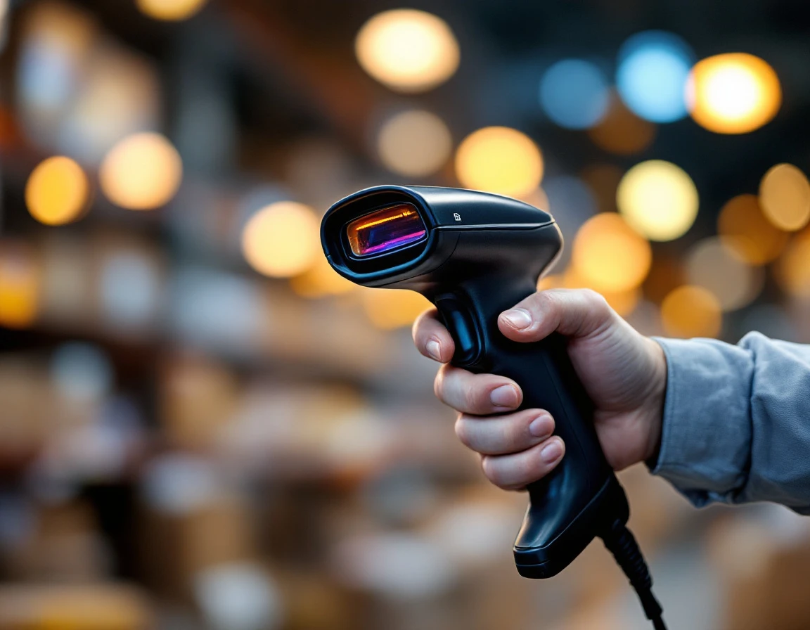 Industrial barcode scanner in shipping warehouse with bokeh lighting from overhead fixtures