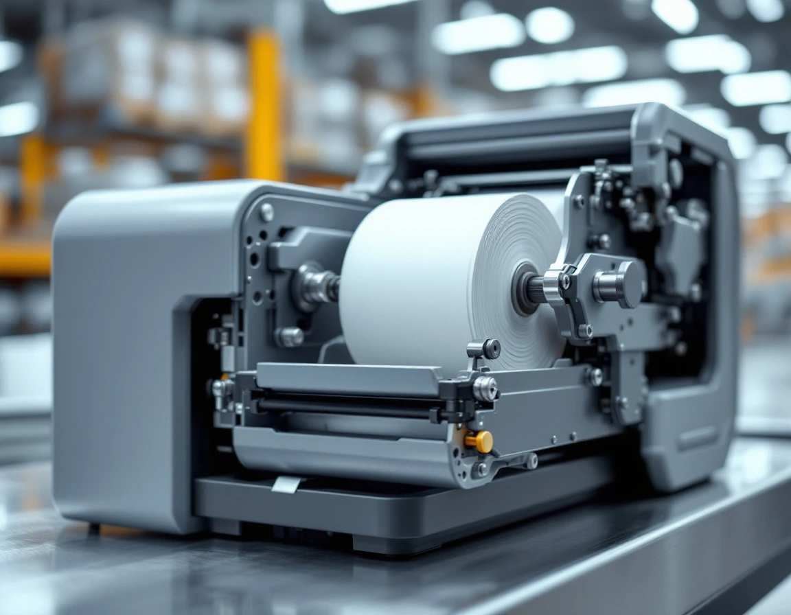 Thermal label printer with paper roll in fulfillment center workspace showing mechanical precision