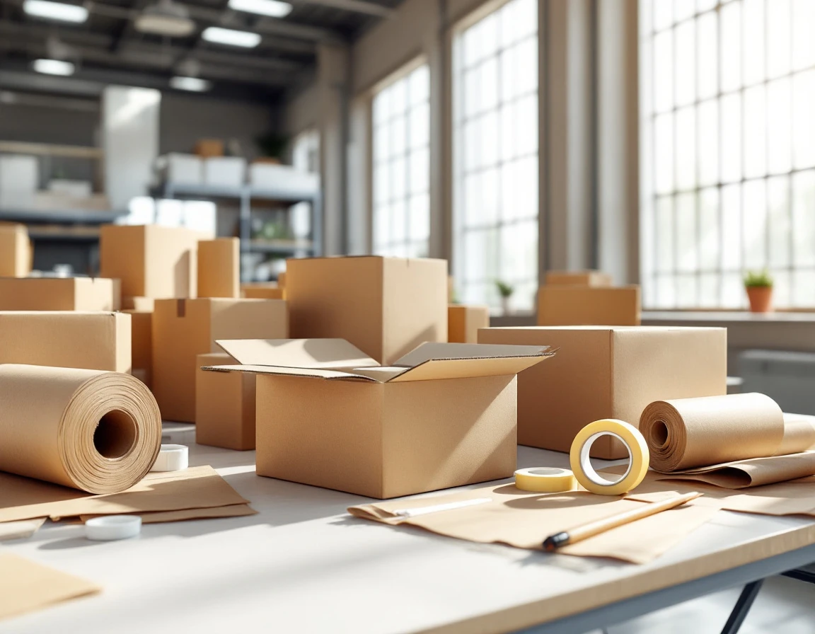 Plain cardboard boxes and kraft paper rolls on a fulfillment center workstation with natural window lighting
