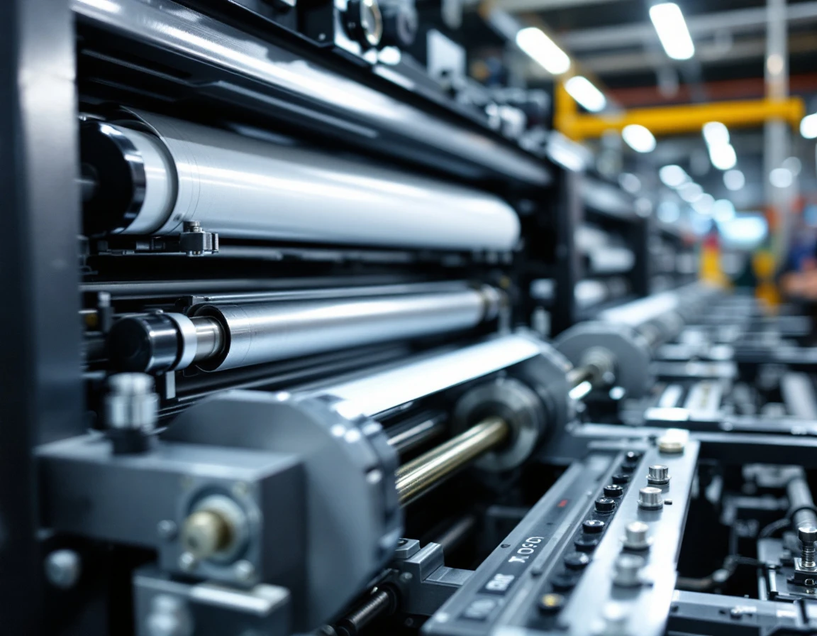 Modern printing press embellishment equipment showing precision rollers and foil stamping mechanisms