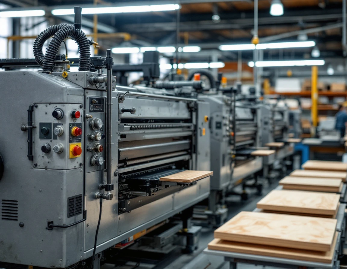 Industrial embellishment printing press with metal control panels in professional print shop facility
