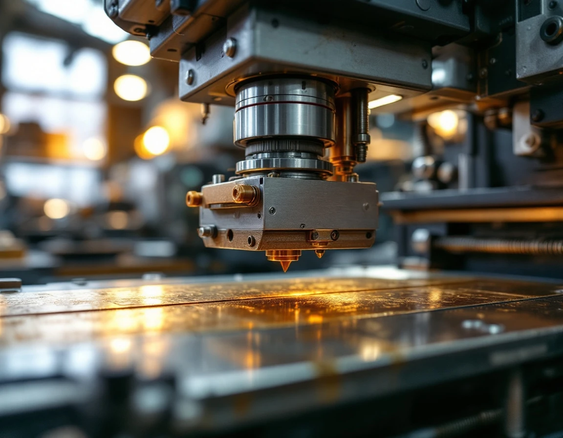 Foil stamping press machinery showing metallic embossing components and gold foil sheets in a commercial print shop