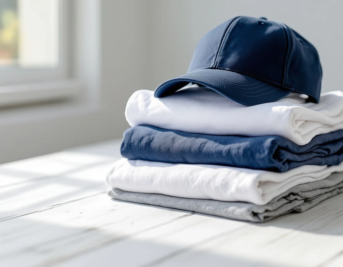 Blank t-shirts and caps stacked on white surface showing fabric texture and quality