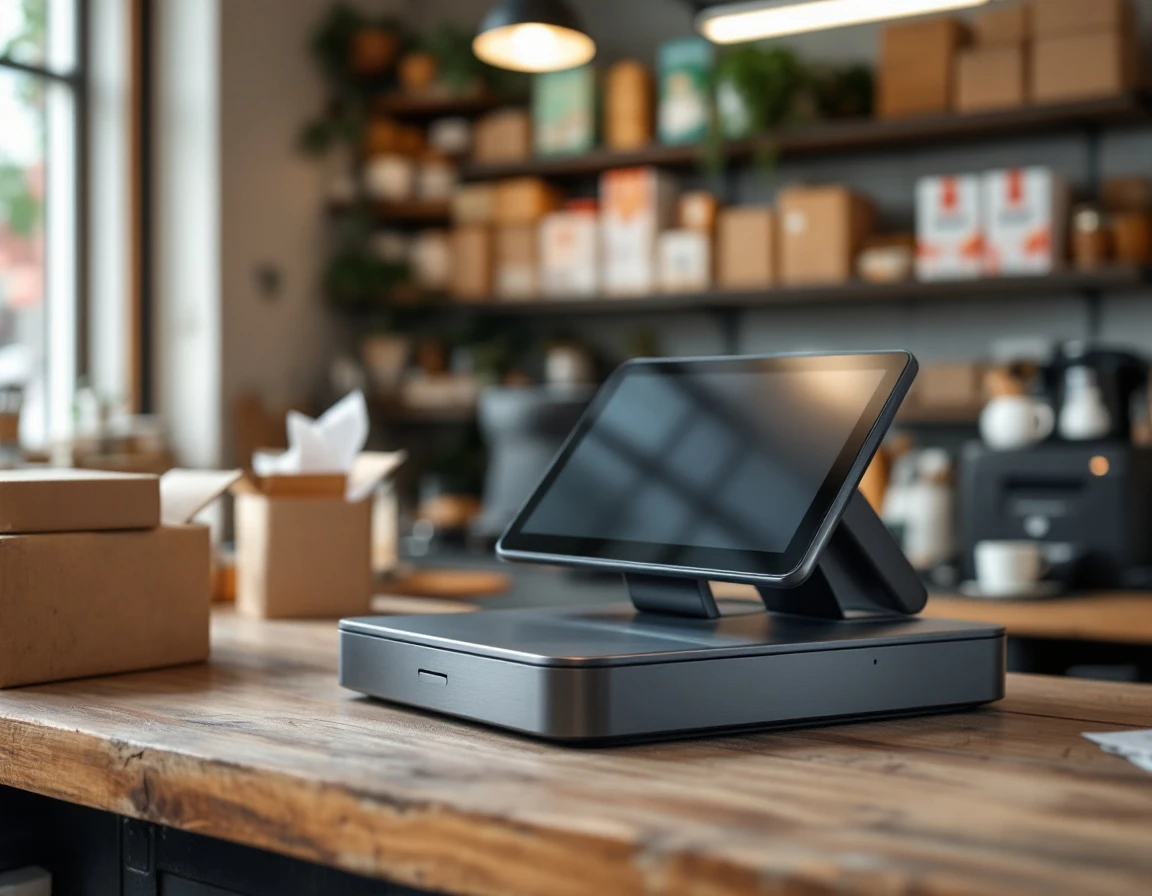 Modern POS terminal on retail counter with natural lighting showing realistic wear and authentic commercial environment