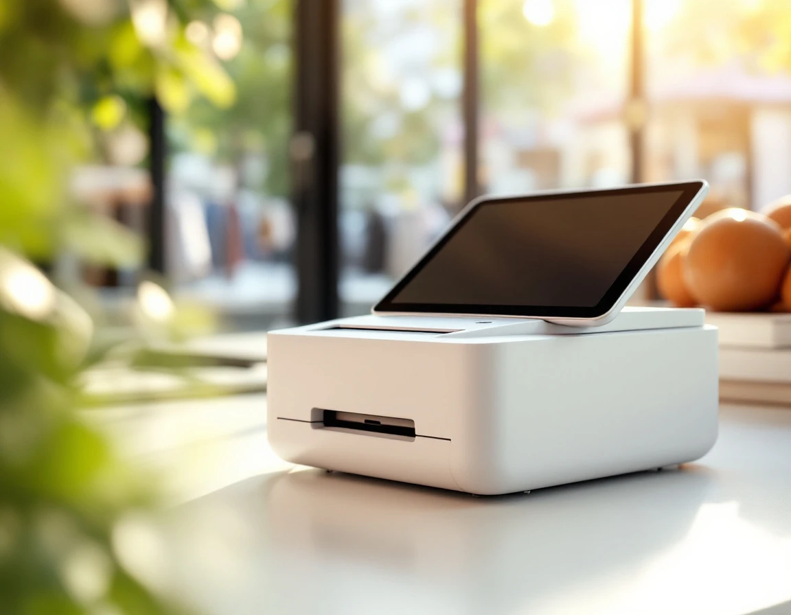 Thermal printer and tablet on white desk with natural window lighting in modern retail office workspace