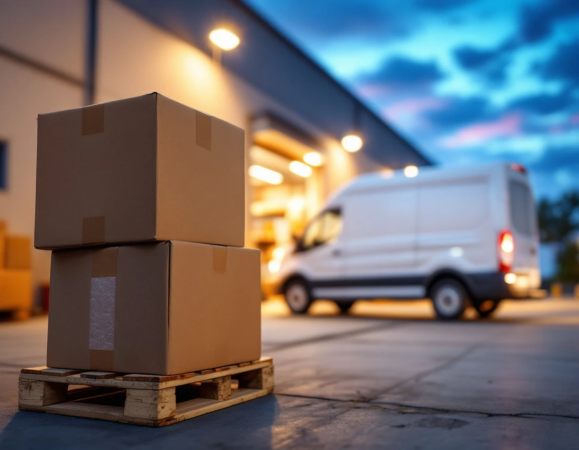 Pack-and-ship store loading dock at dusk with cardboard boxes, packing materials, and delivery van
