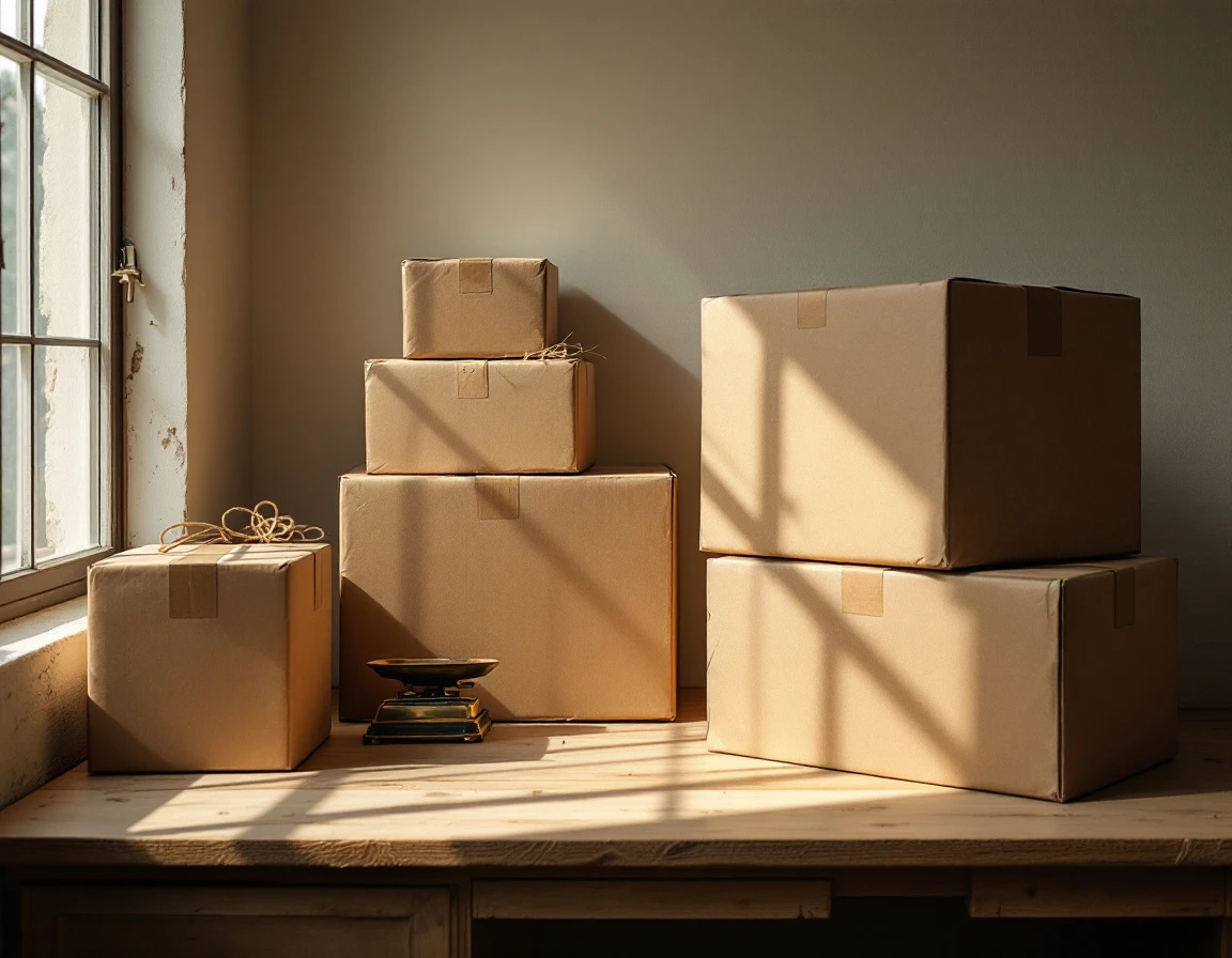 Cardboard shipping boxes and postal scale on wooden counter in small business pack-and-ship workspace