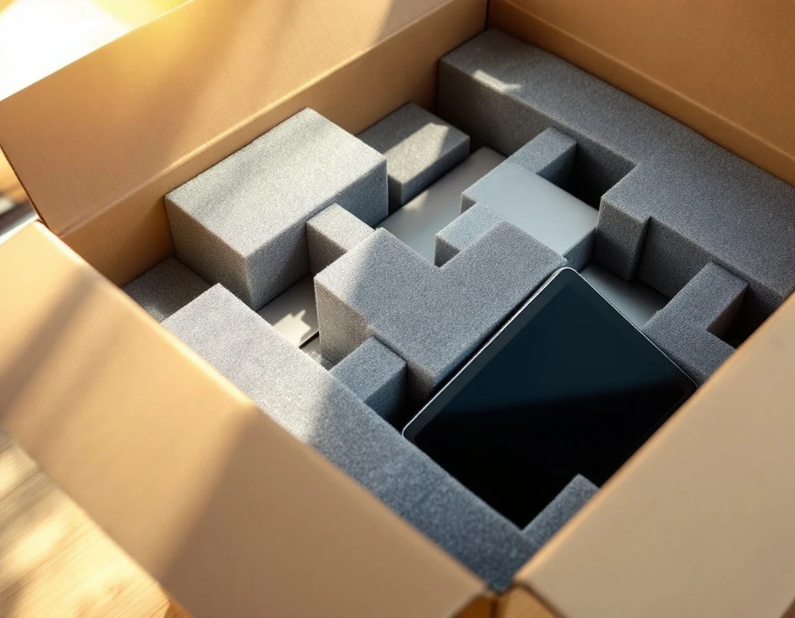 Open shipping box with foam padding protecting laptop and tablet for college campus delivery