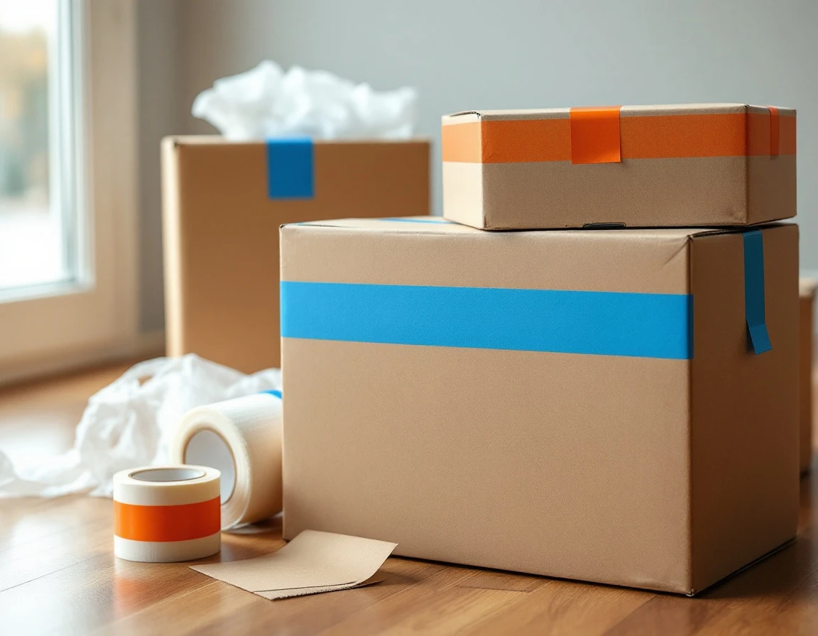 Cardboard shipping boxes with solid colored tape and packing materials ready for college campus delivery