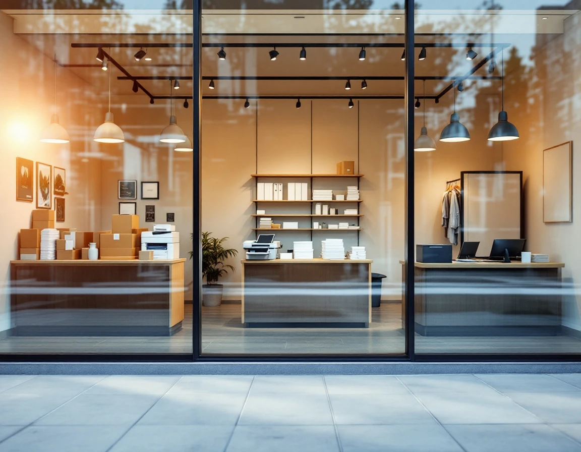 Multi-service retail storefront showing organized service counters arranged by implementation complexity