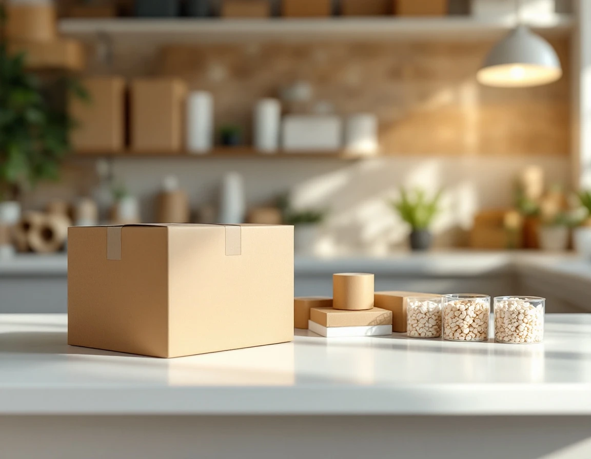 Organized retail shipping counter with packing materials and plain cardboard boxes in professional workspace