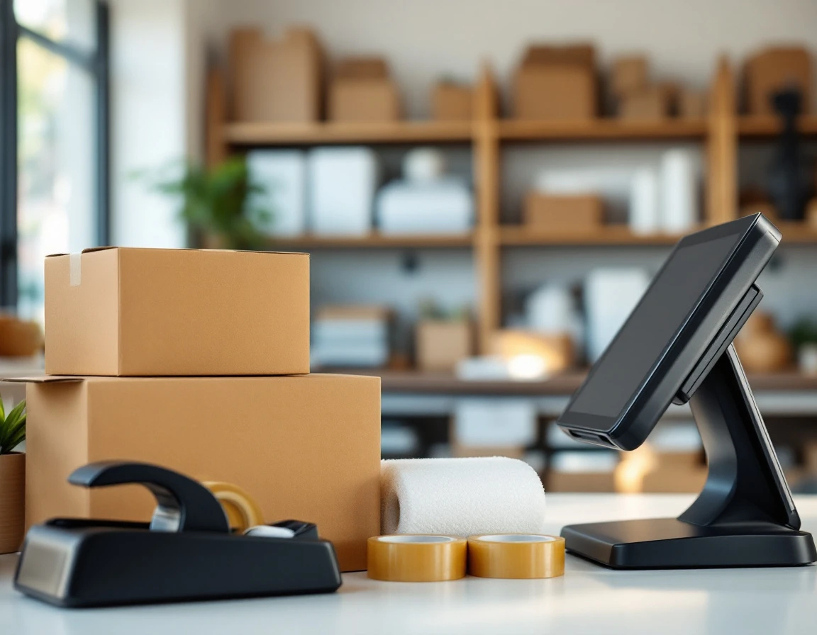 Shipping supplies and POS terminal arranged on pack-and-ship retail counter with natural lighting