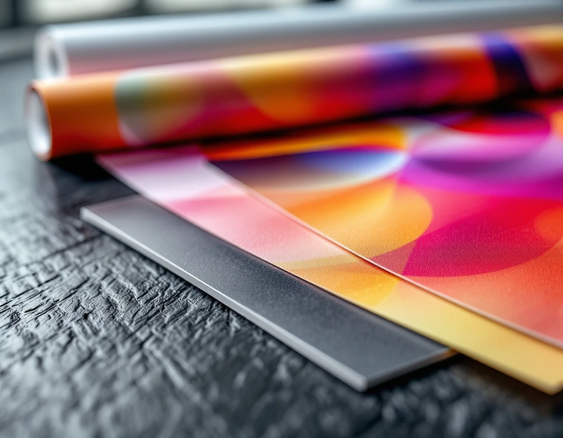 Close-up of professional trade show banners, posters, and display materials showing print quality