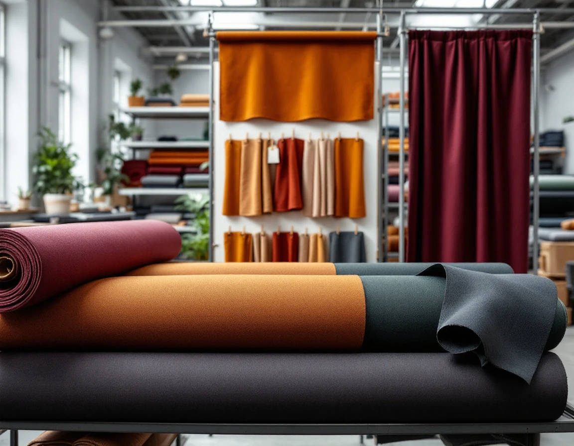 Rolled fabric banners and textile samples in autumn colors displayed on industrial shelving in printing showroom