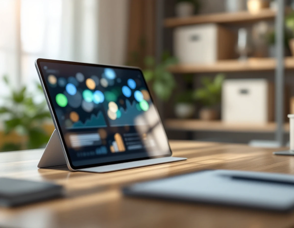 Modern tablet device on office desk with ambient lighting suggesting business management software interface