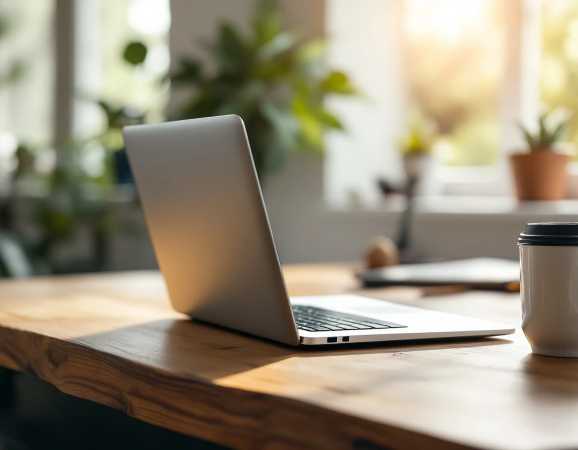 Laptop workspace with coffee and plant bathed in natural window light on wooden desk