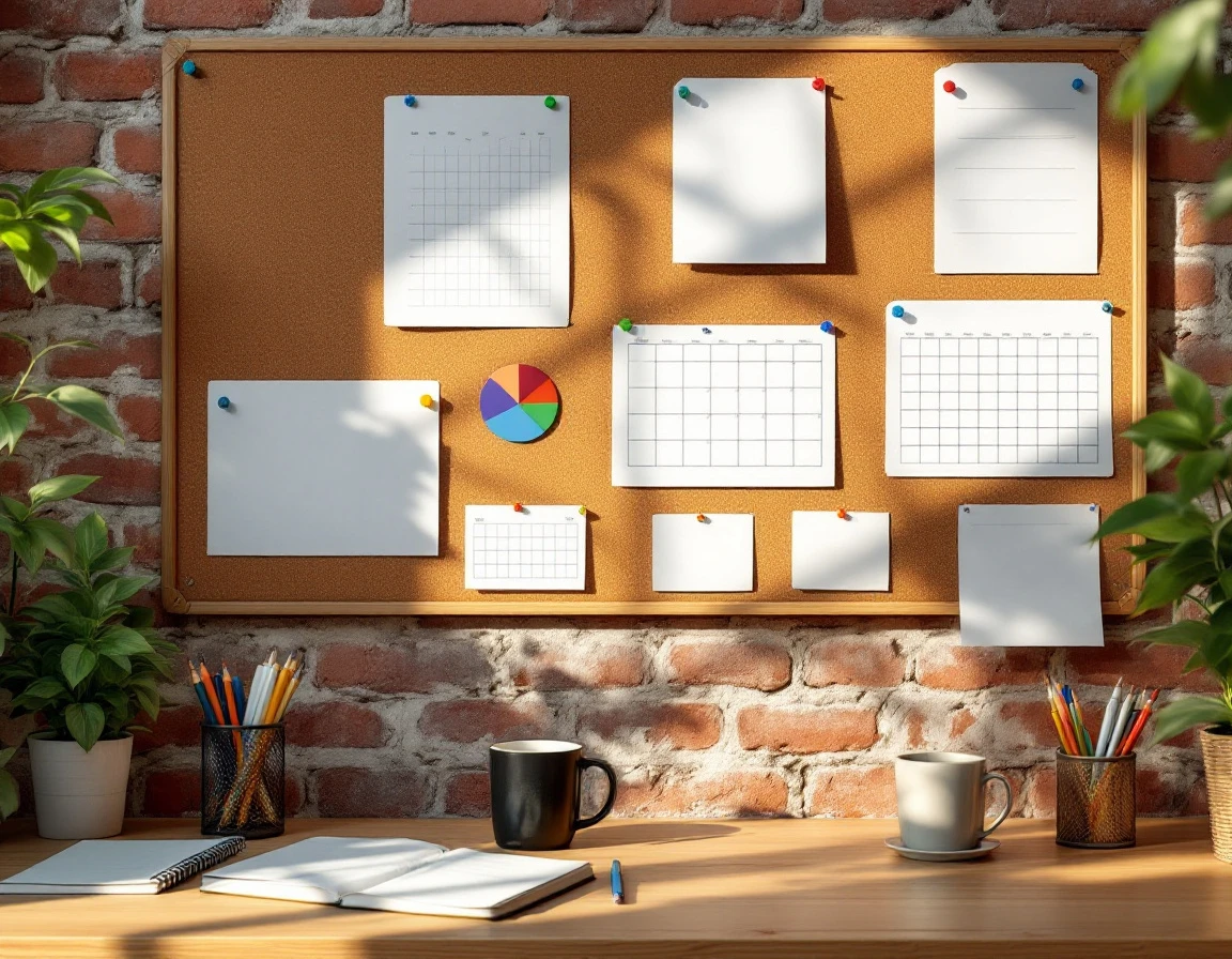 Back office workspace with blank scheduling charts and planning materials on cork board with afternoon sunlight