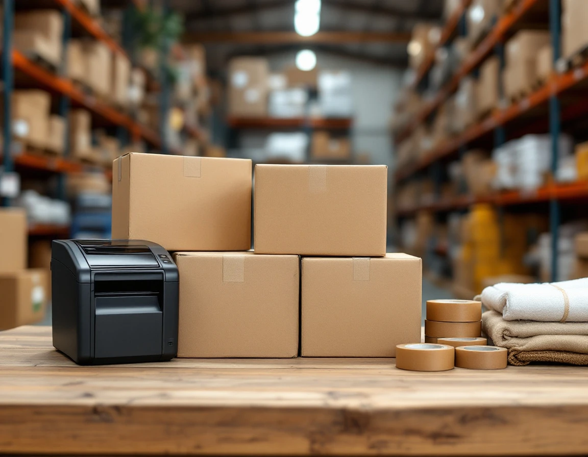 Unmarked cardboard boxes and shipping materials on wooden table in small warehouse operation