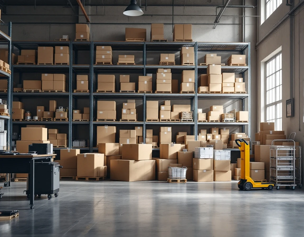 Organized shipping station with boxes, scanners, and label printers in small warehouse fulfillment area